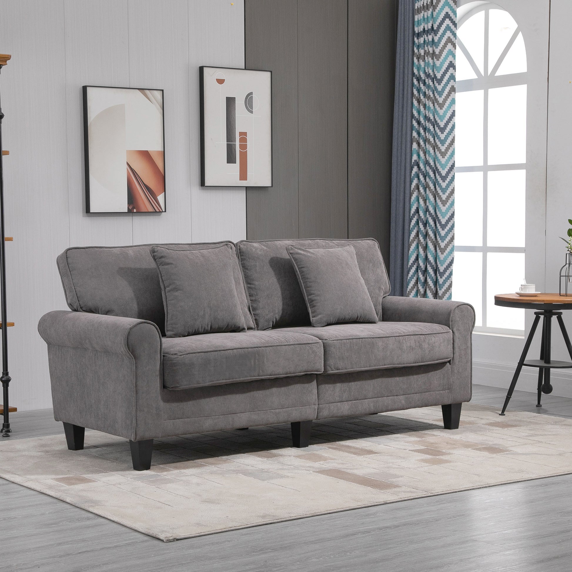 Modern 3-Seater Corduroy Sofa: Pine Wood Legs, Rolled Armrests, Light Grey