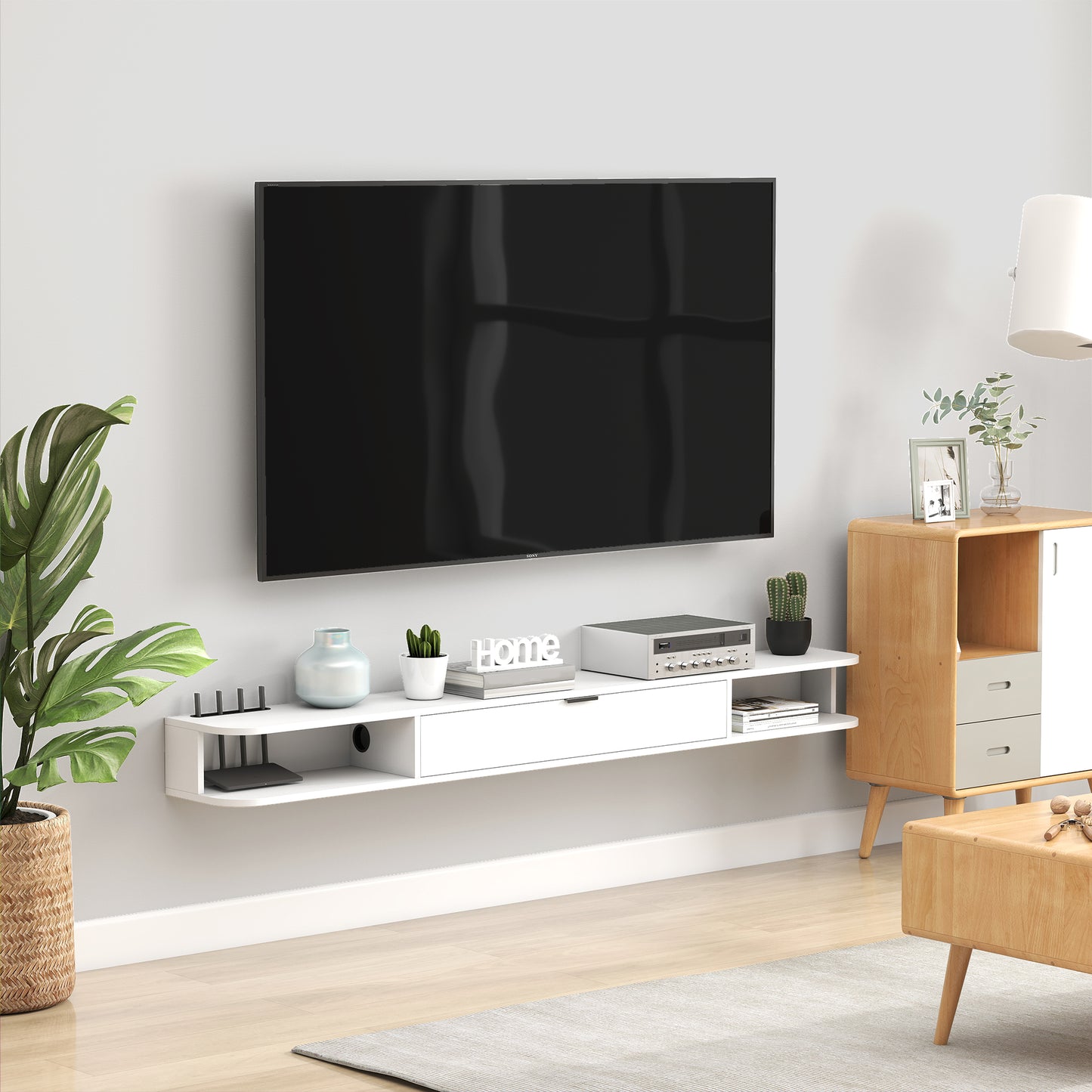 HOMCOM 71-inch Floating TV Stand Wall Mounted Media Console with Flip Drawer, 2 Open Shelves, White Wood Grain