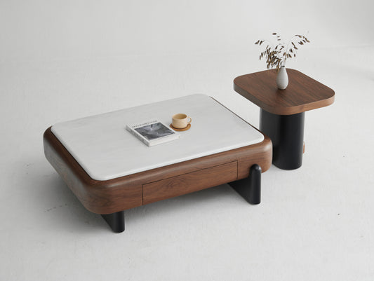 Marble-Look Coffee Table with Side Table