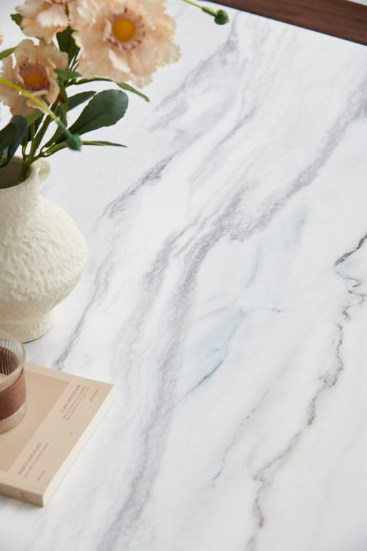 Marble-Look Coffee Table with Wood Base
