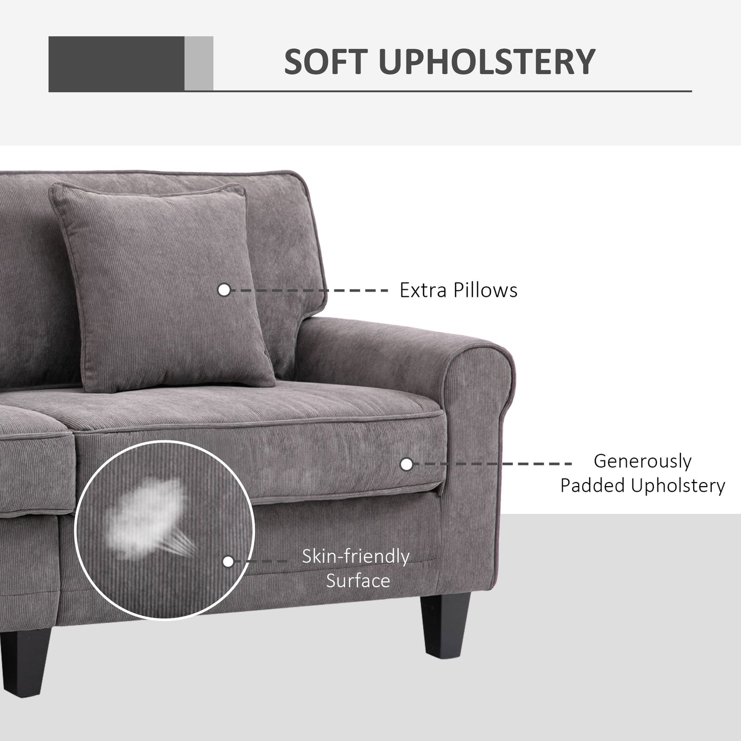 Modern 3-Seater Corduroy Sofa: Pine Wood Legs, Rolled Armrests, Light Grey
