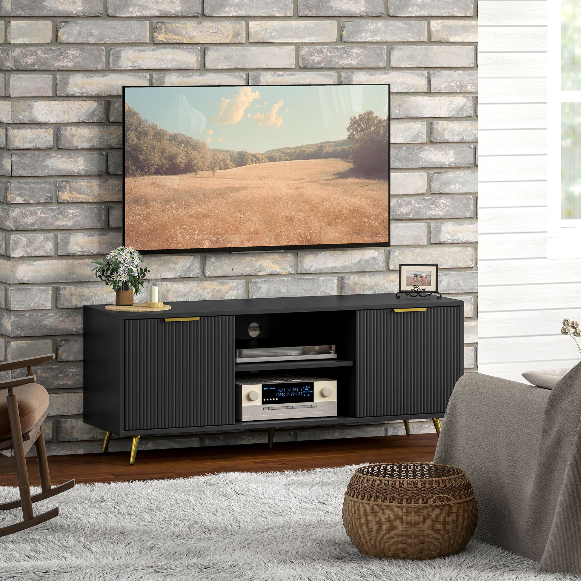 Sleek Black HOMCOM TV Stand for 55" TVs, Open Shelves & Cabinets