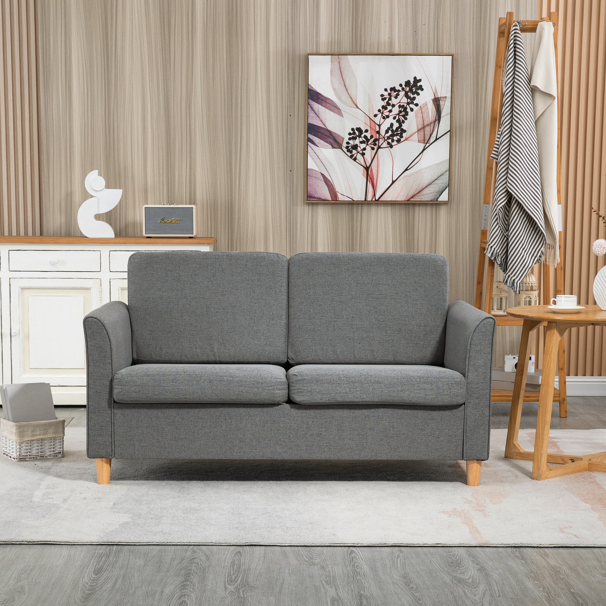 HOMCOM 55-inch Grey Upholstered Loveseat Sofa with Armrests, Sturdy Wood Legs