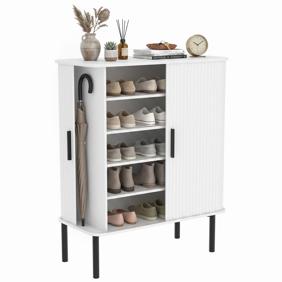 Shoe Cabinet with Tambour Door and Side Cubbies – 31"W x 37"H