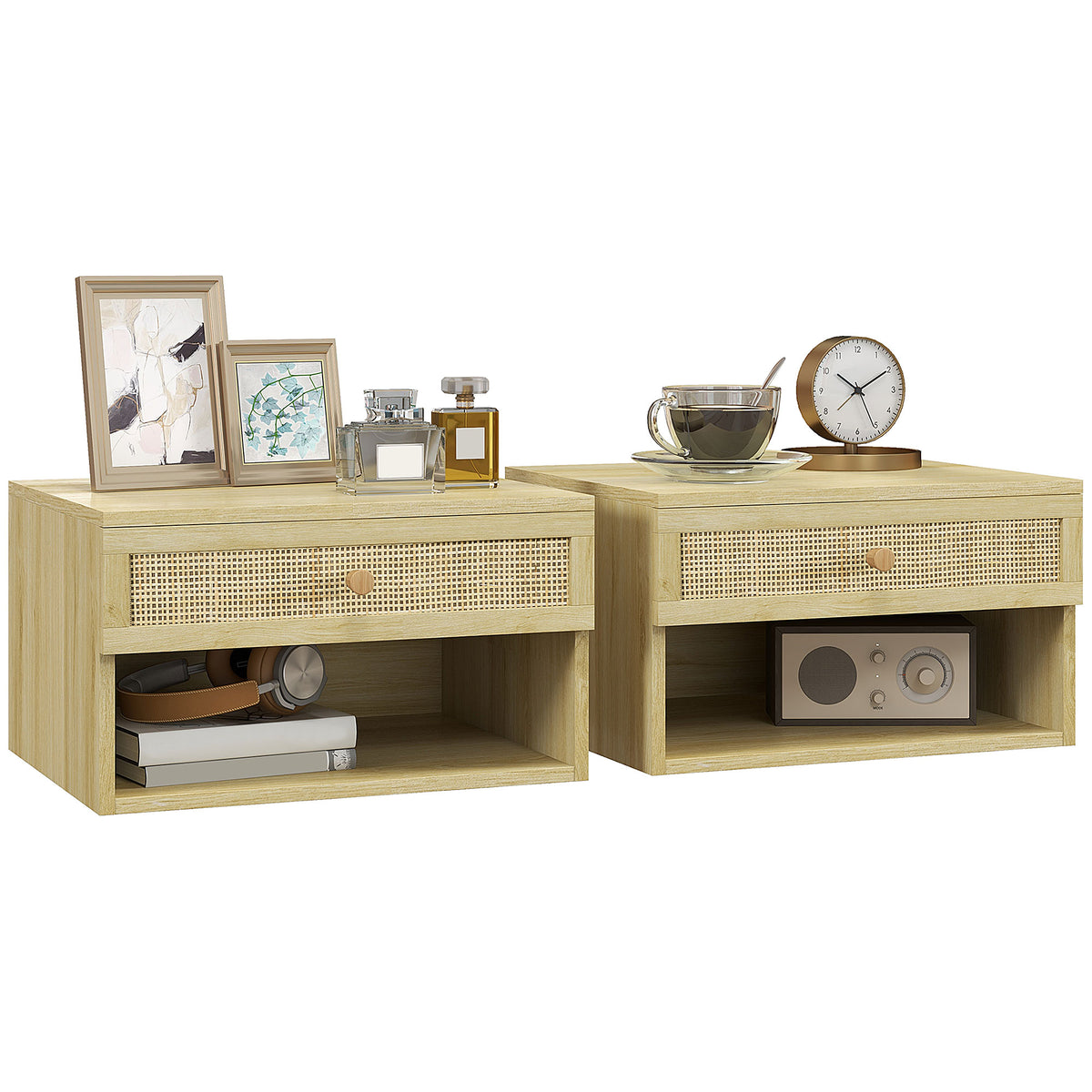 Nordic Floating Nightstands with Drawer and Shelf, Set of 2 – 16"W x 9"H