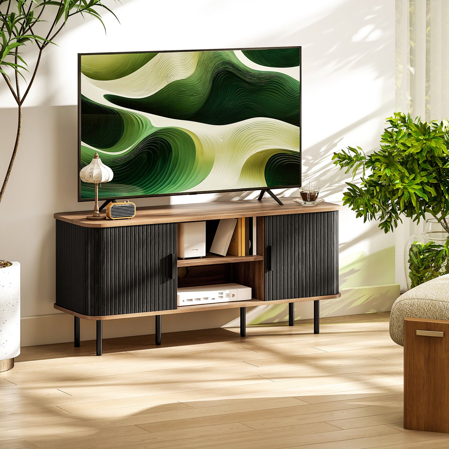 HOMCOM Modern Black TV Stand for 55-Inch TVs, Storage Shelves, Slatted Doors