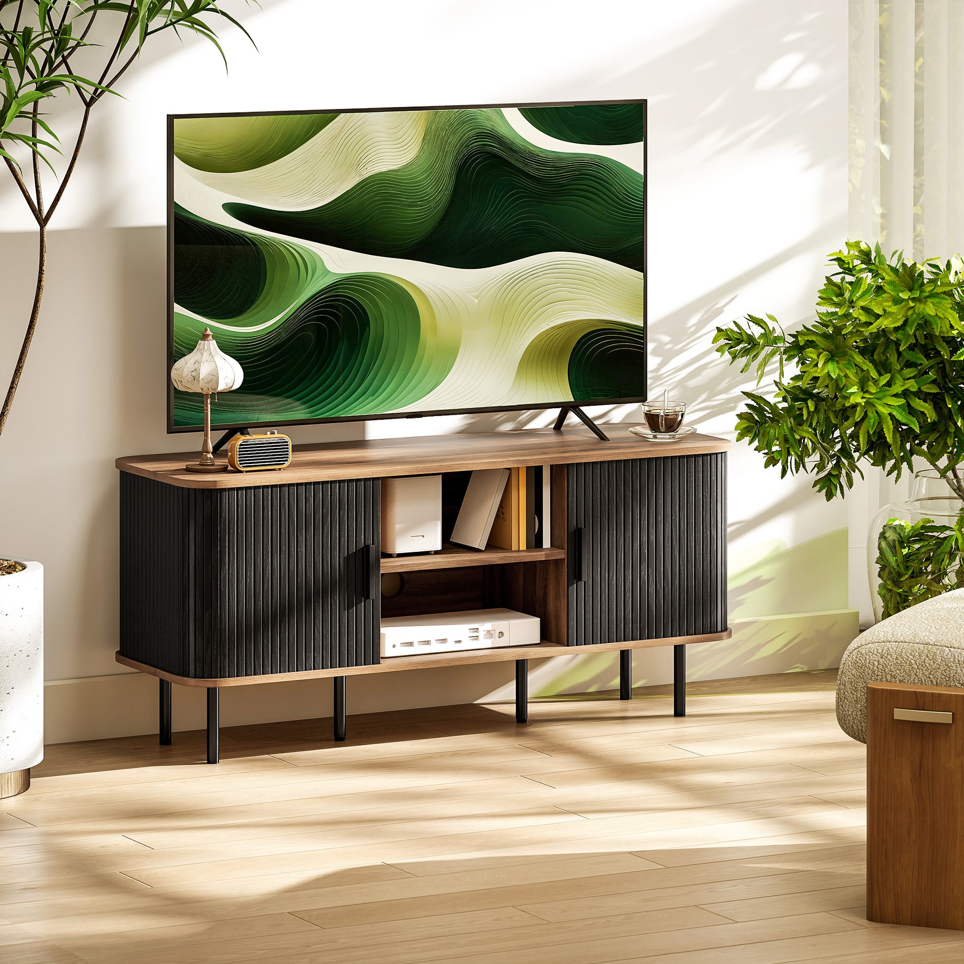HOMCOM Modern Black TV Stand for 55-Inch TVs, Storage Shelves, Slatted Doors