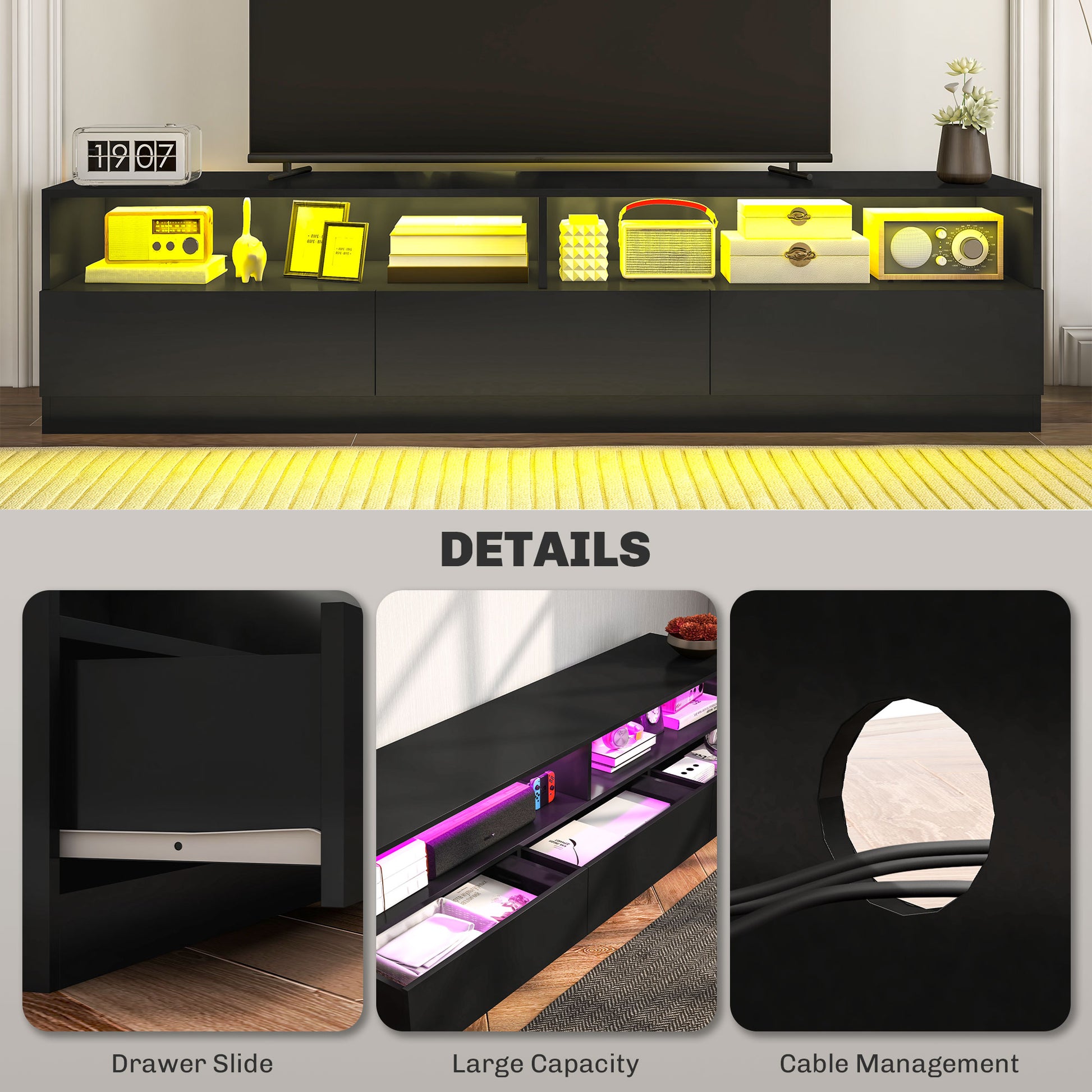 HOMCOM Modern LED Lighted TV Stand for 75 Inch TVs, High Gloss Black