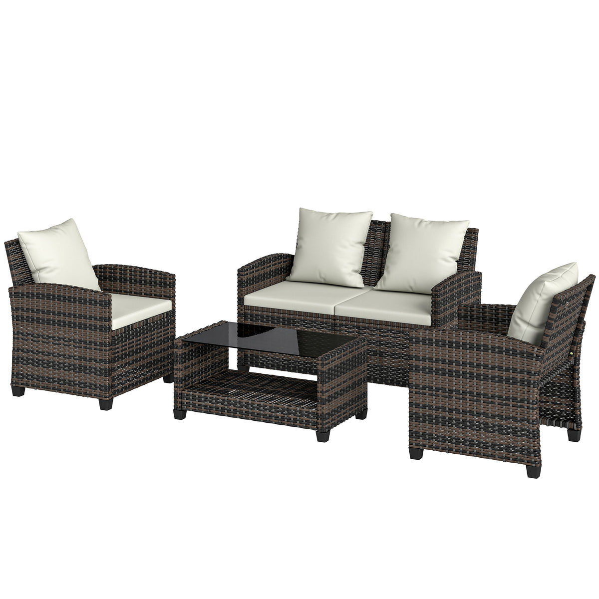 4-Piece Outdoor Wicker Patio Furniture Conversation Set, Includes Loveseat, Chairs and 2-Tier Table with Cushions, Modern Rattan Sofa Set for Backyard – Beige