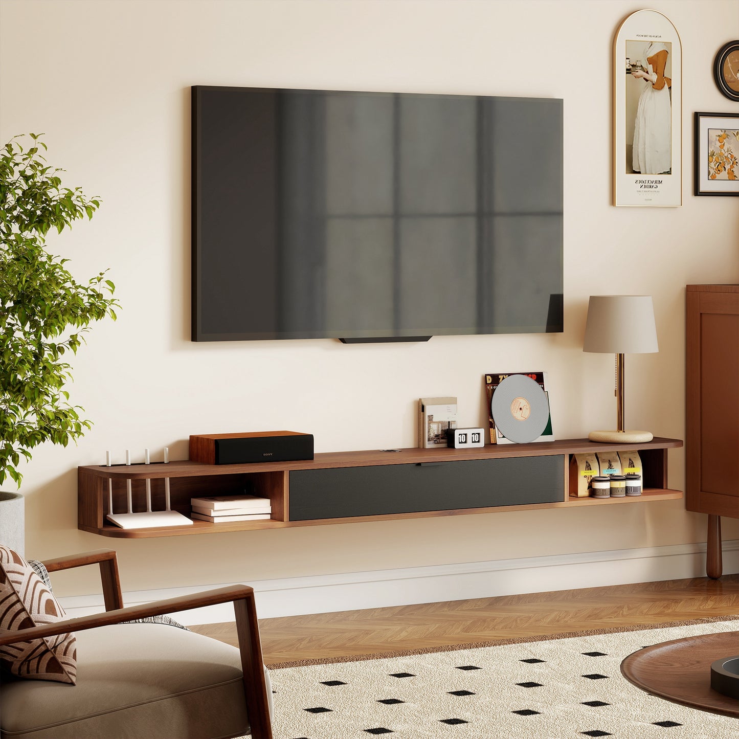 HOMCOM 71-Inch Floating TV Stand, Wall Mounted Media Console, Walnut Finish