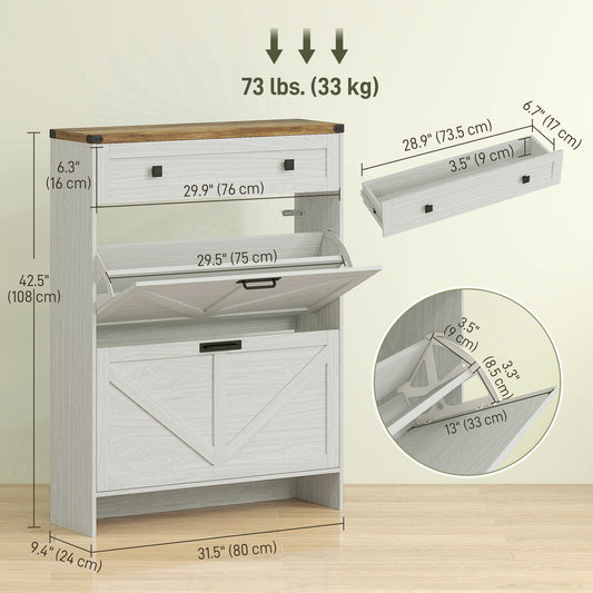 Farmhouse Narrow Shoe Cabinet with 2 Flip Drawers – 32"W x 43"H