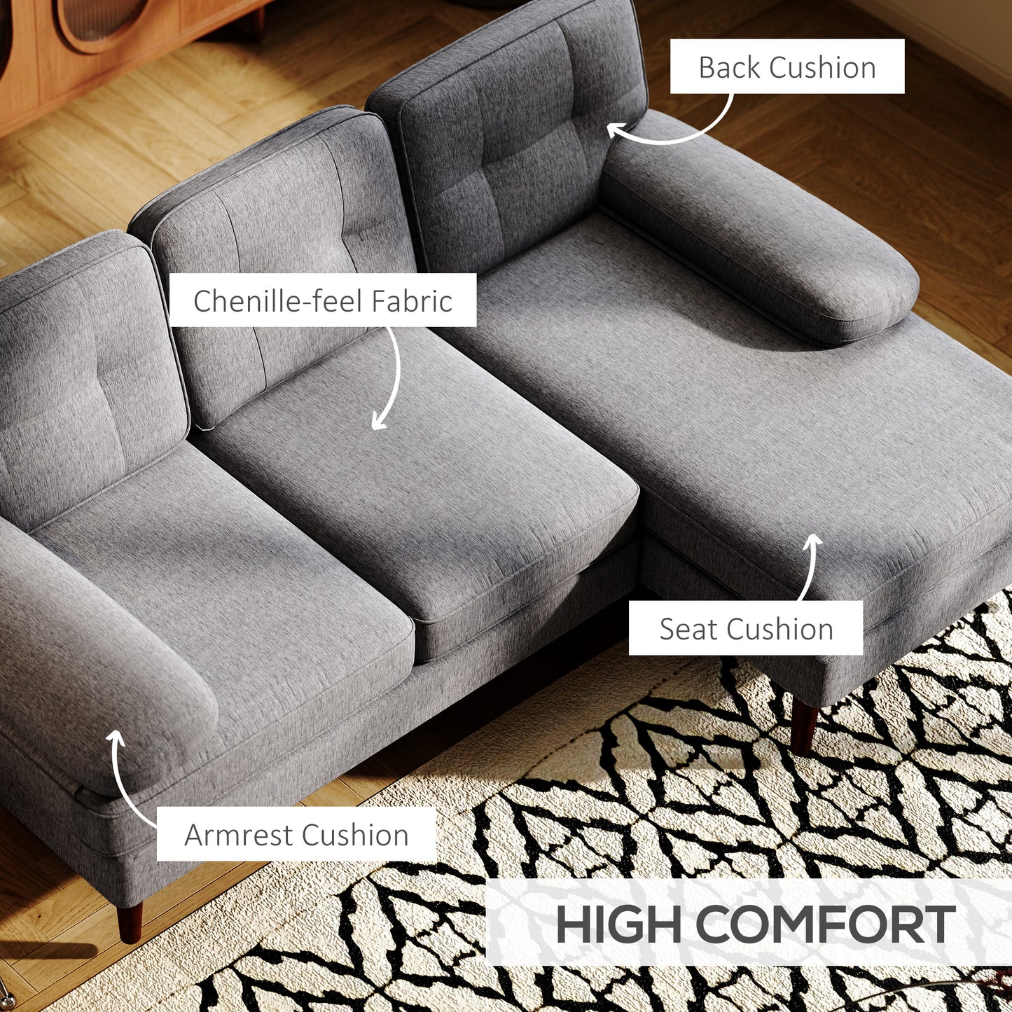 HOMCOM Modern Grey Tufted L-Shape Corner Sofa with Right Chaise Lounge