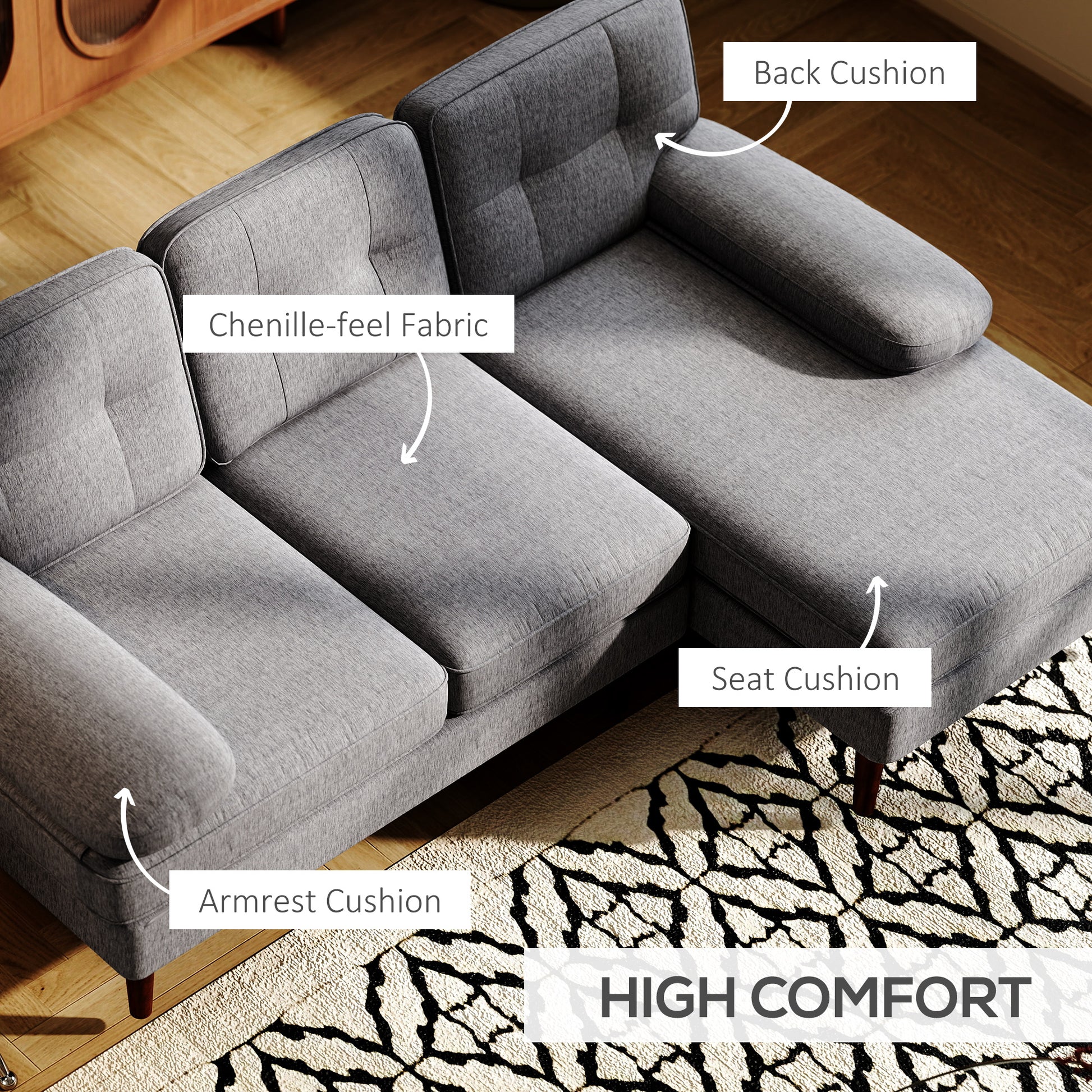 HOMCOM Modern Grey Tufted L-Shape Corner Sofa with Right Chaise Lounge
