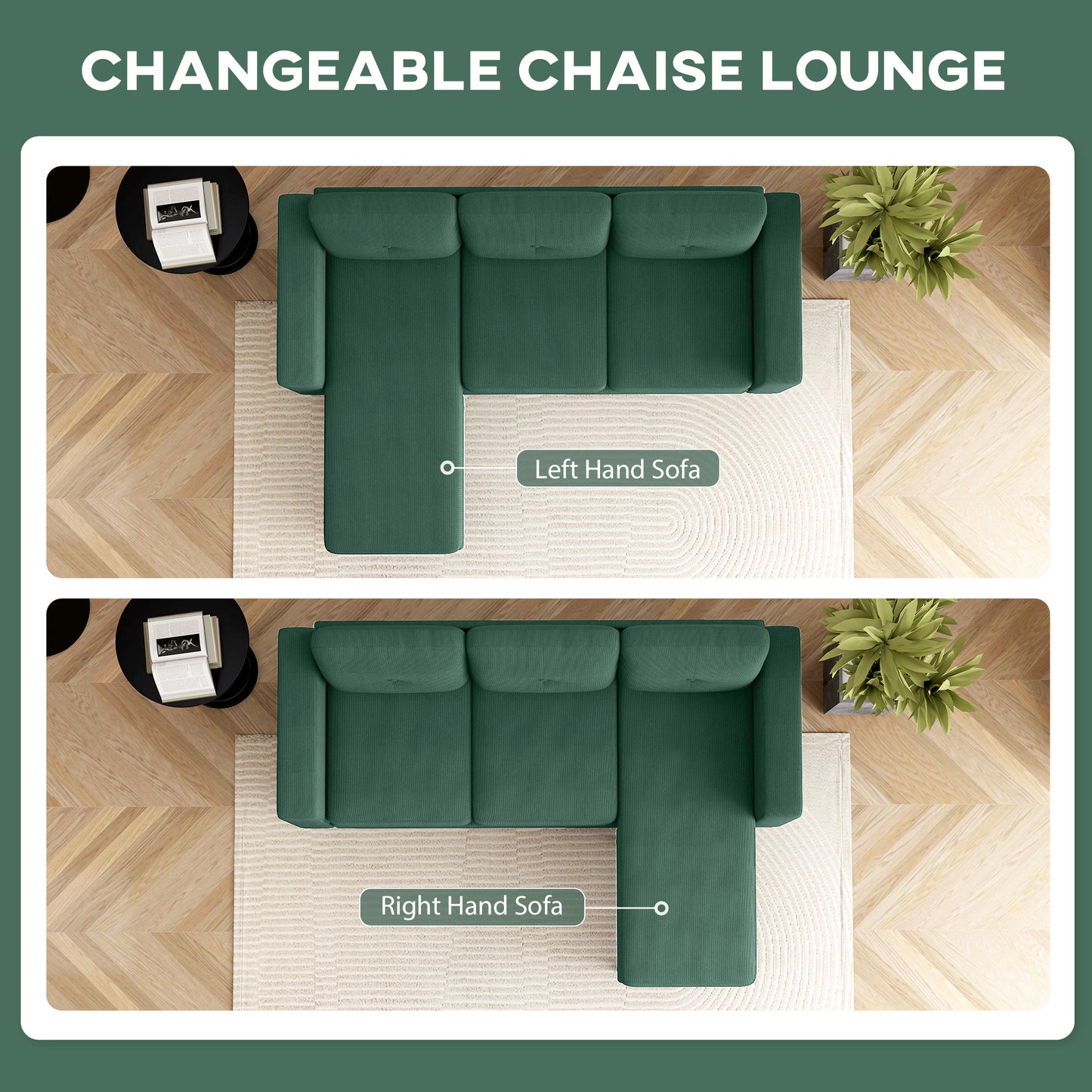 HOMCOM Dark Green Sectional Sofa: Reversible Chaise, 3-Seat L-Shaped Couch