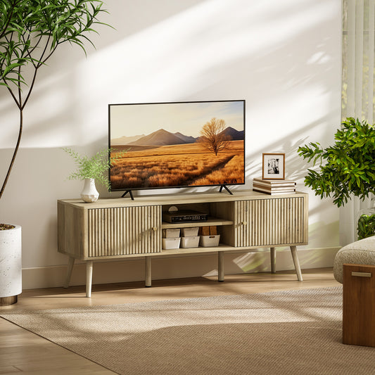 HOMCOM Modern Oak TV Stand for 65-inch TVs, Adjustable Shelves, Pine Wood Legs