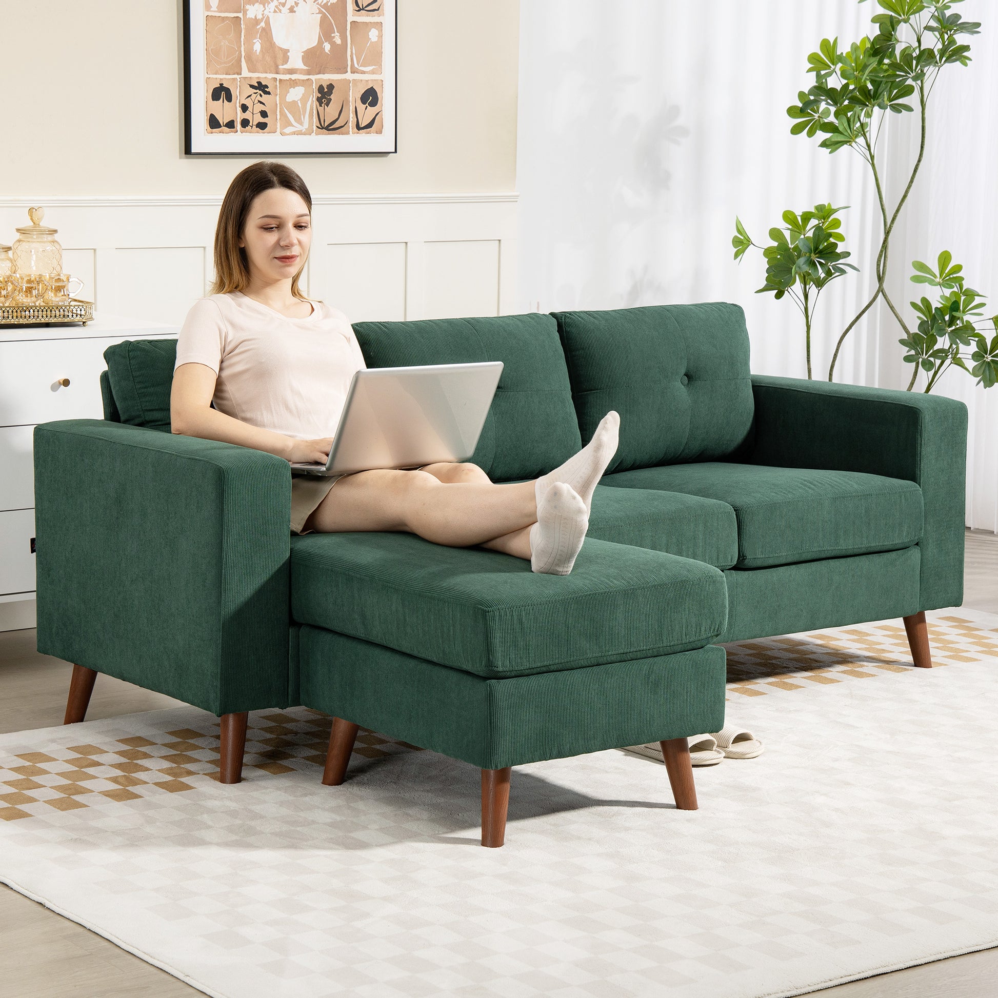 HOMCOM Dark Green Sectional Sofa: Reversible Chaise, 3-Seat L-Shaped Couch
