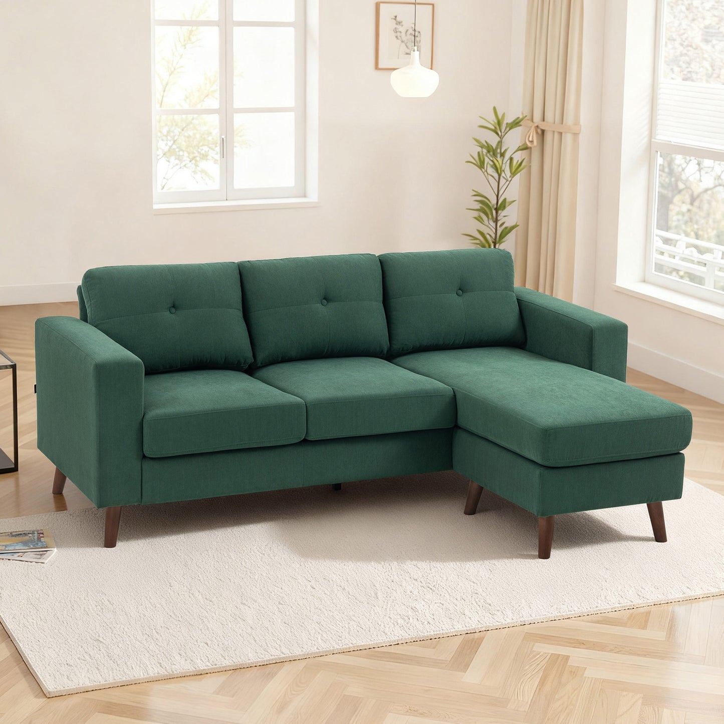 HOMCOM Dark Green Sectional Sofa: Reversible Chaise, 3-Seat L-Shaped Couch