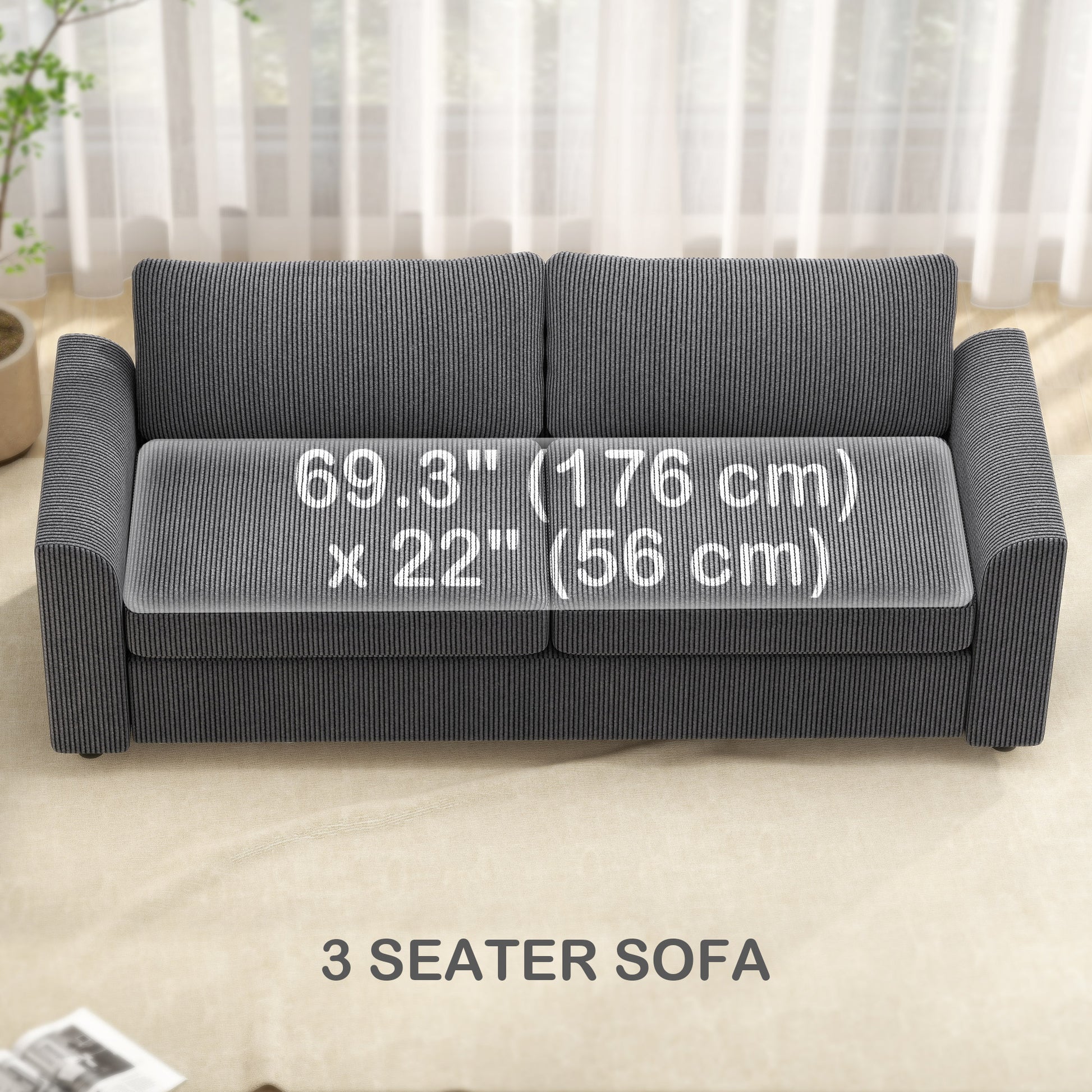 HOMCOM 3-Seater Modern Upholstered Couch with Pocket Spring, Dark Grey Fabric Sofa