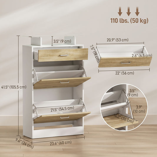 Slim Shoe Organizer Cabinet with 2 Flip Drawers – 24"W x 42"H