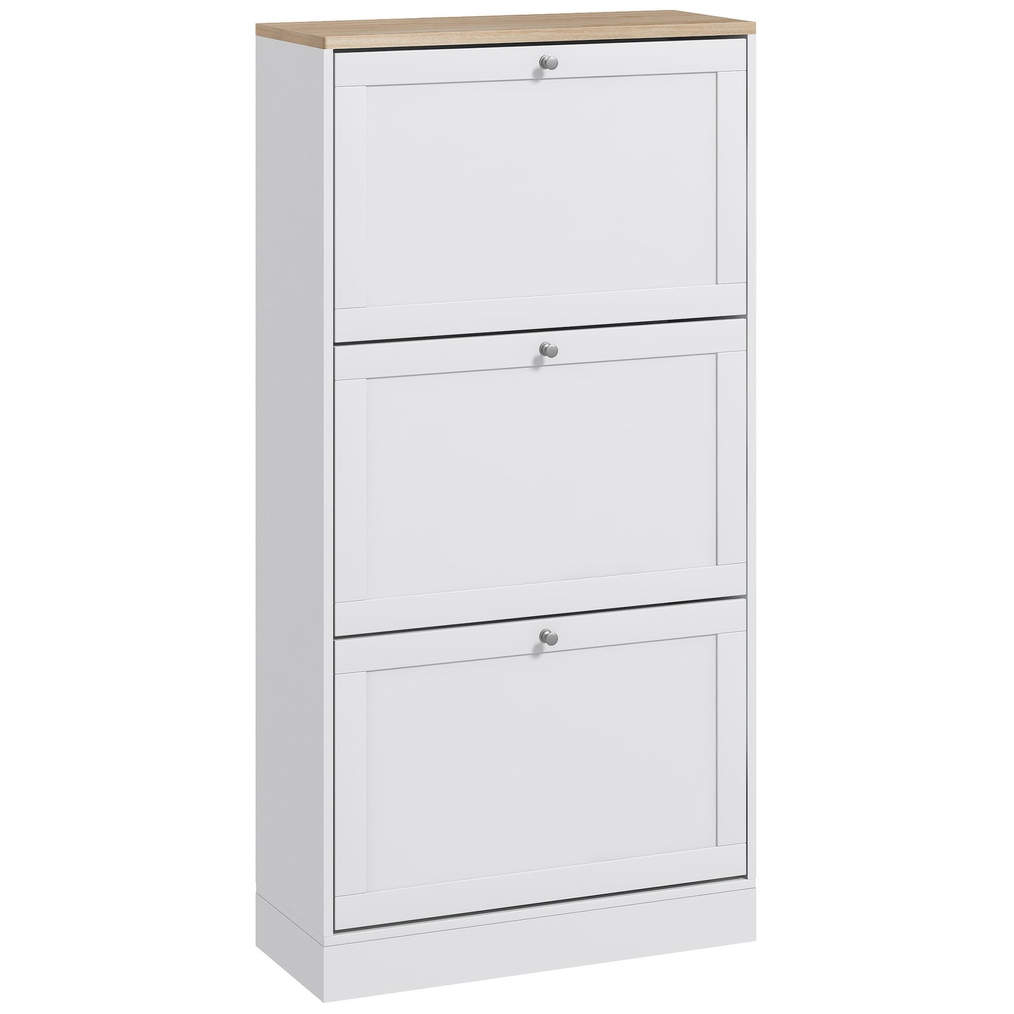 Sleek White Shoe Cabinet, 3 Flip Drawers, Adjustable Shelves, Holds 18 Pairs