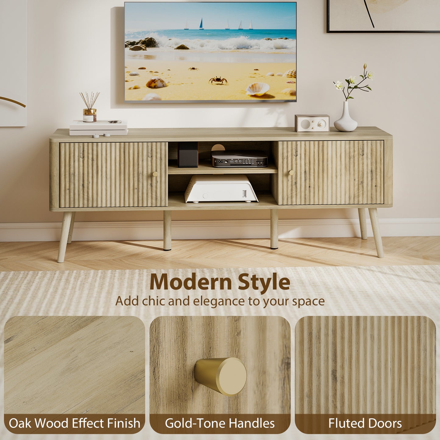 HOMCOM Modern Oak TV Stand for 65-inch TVs, Adjustable Shelves, Pine Wood Legs