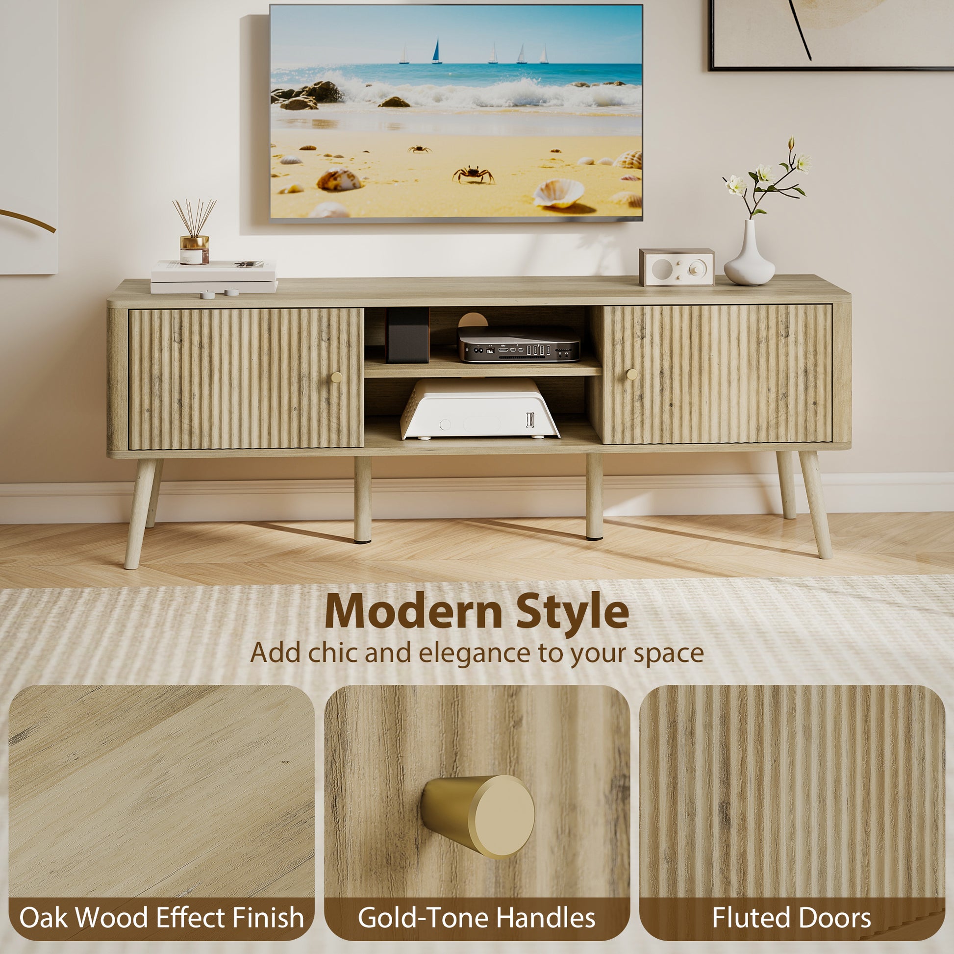 HOMCOM Modern Oak TV Stand for 65-inch TVs, Adjustable Shelves, Pine Wood Legs