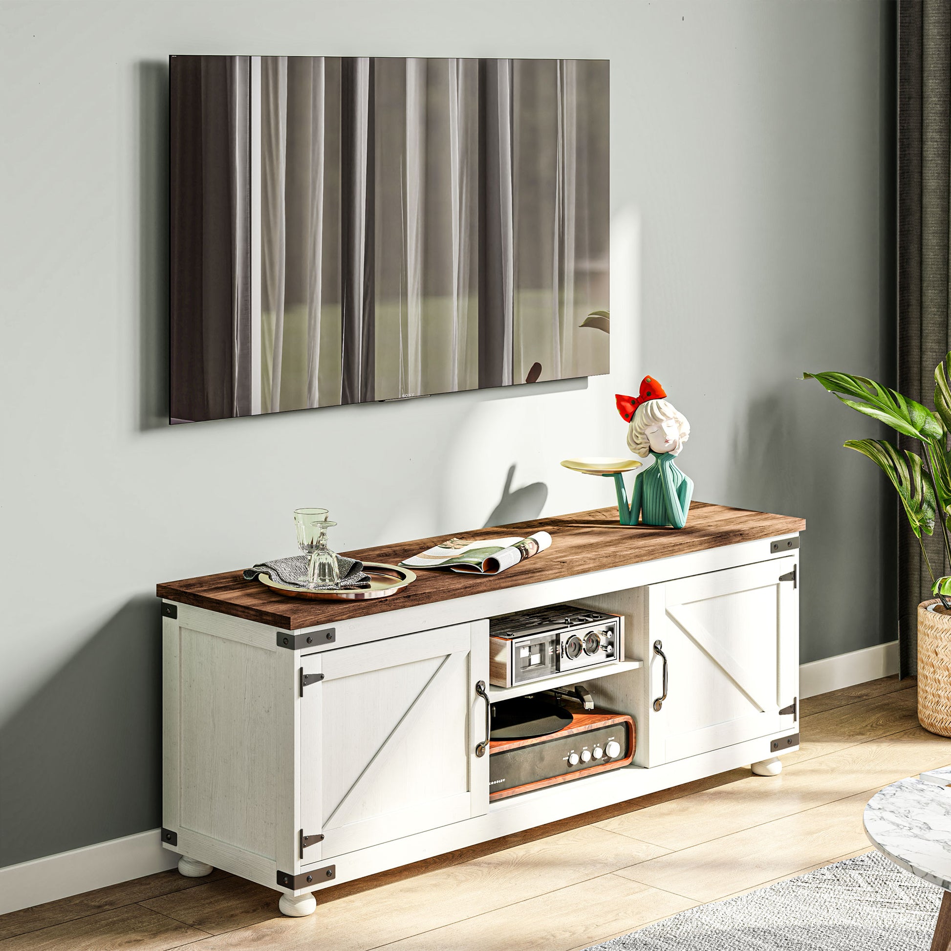 HOMCOM Farmhouse 65-inch TV Stand, Barn Doors, Cable Management, Distressed White