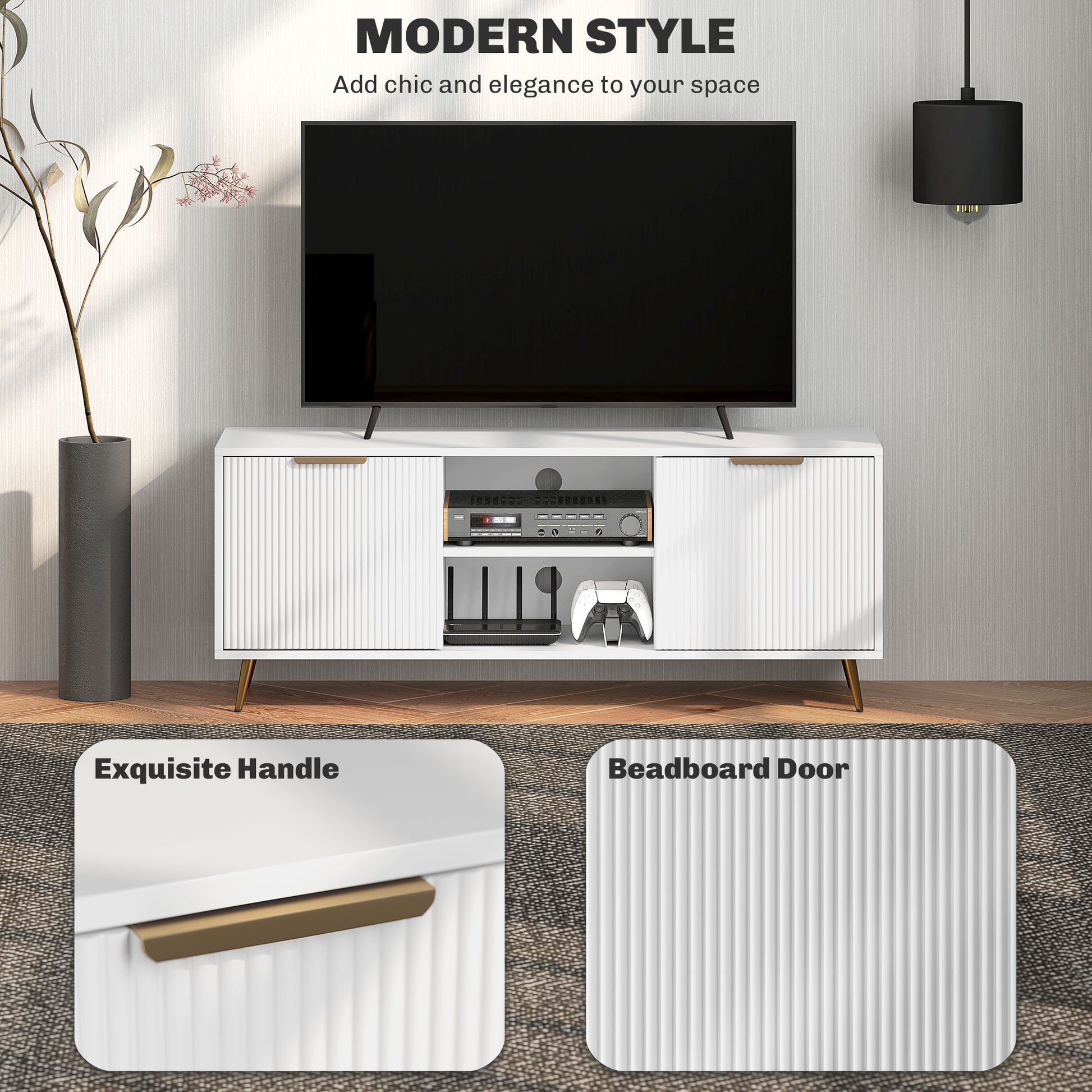 Modern White TV Stand for 55-inch TVs with Storage Cabinets & Open Shelves