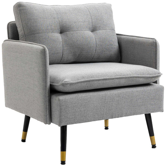 HOMCOM Grey Upholstered Accent Chair, Button Tufted Fabric Armchair, Steel Legs
