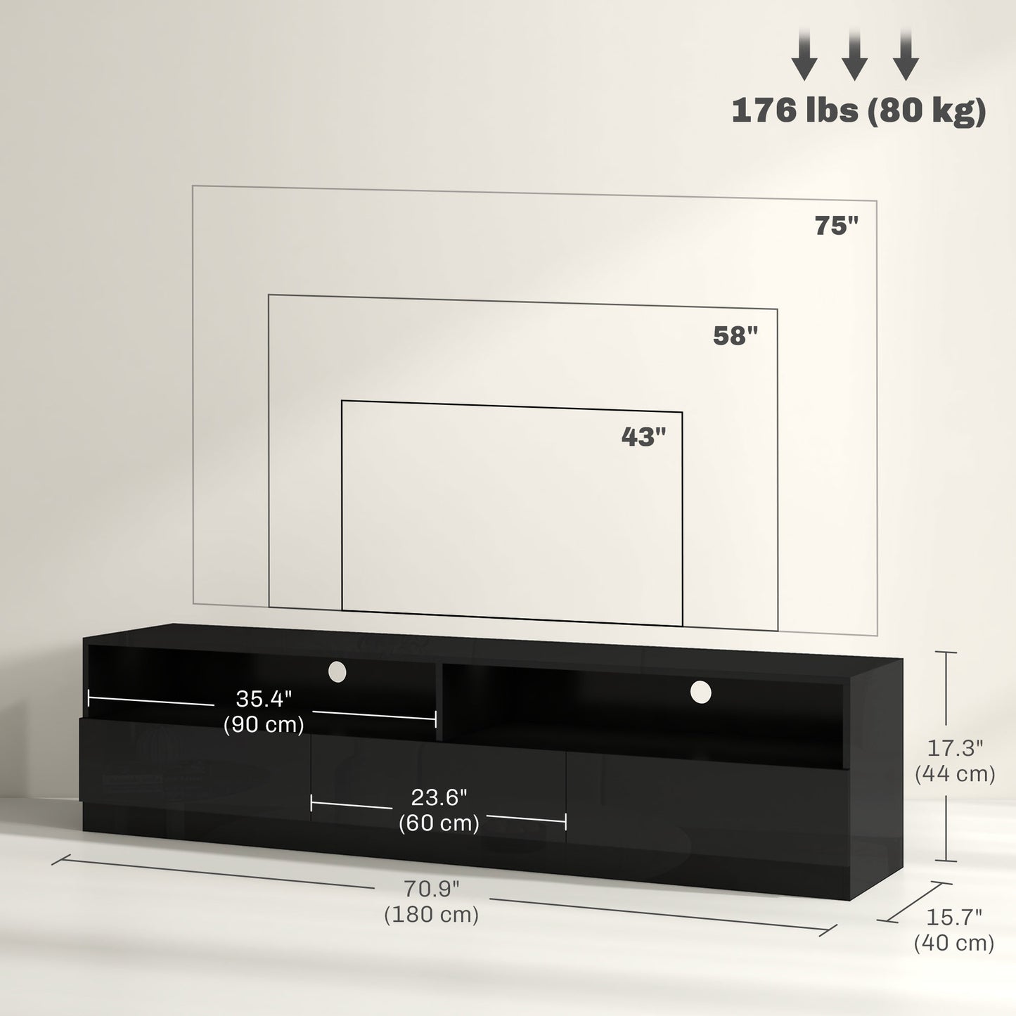 HOMCOM Modern LED Lighted TV Stand for 75 Inch TVs, High Gloss Black