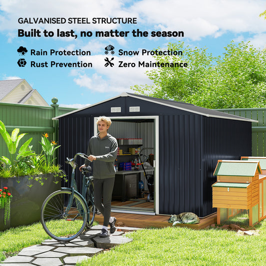11' x 9' Metal Storage Shed Garden Tool House with Double Sliding Doors, 4 Air Vents for Backyard, Patio, Lawn – Dark Grey