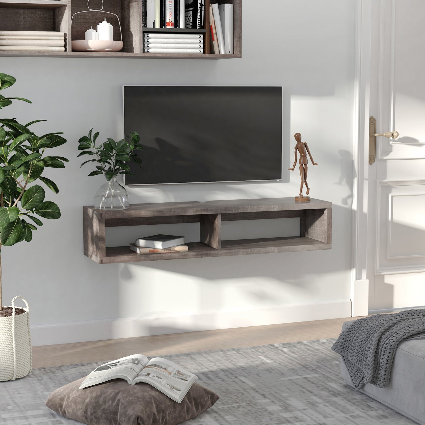 HOMCOM Modern Floating Wall Mounted TV Media Console Shelf Dark Grey Wood