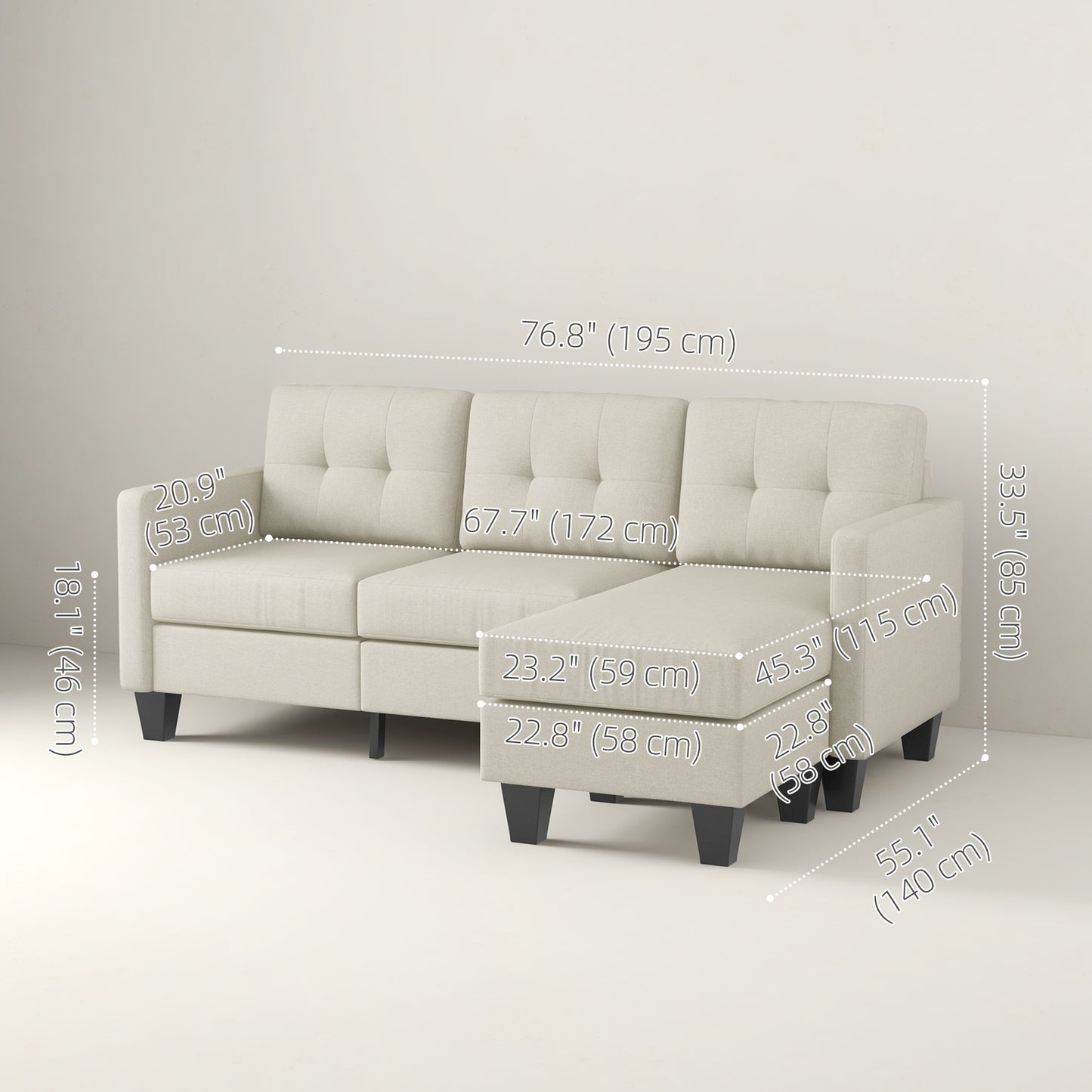 HOMCOM L-Shaped 3-Seater Sectional Sofa with Ottoman, Beige, Sturdy Wood Legs
