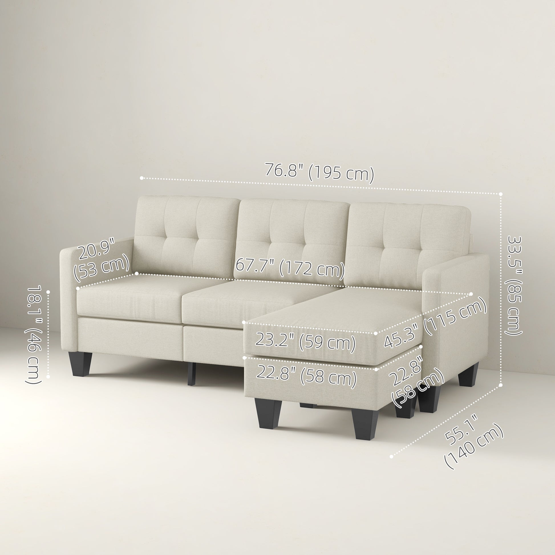 HOMCOM L-Shaped 3-Seater Sectional Sofa with Ottoman, Beige, Sturdy Wood Legs