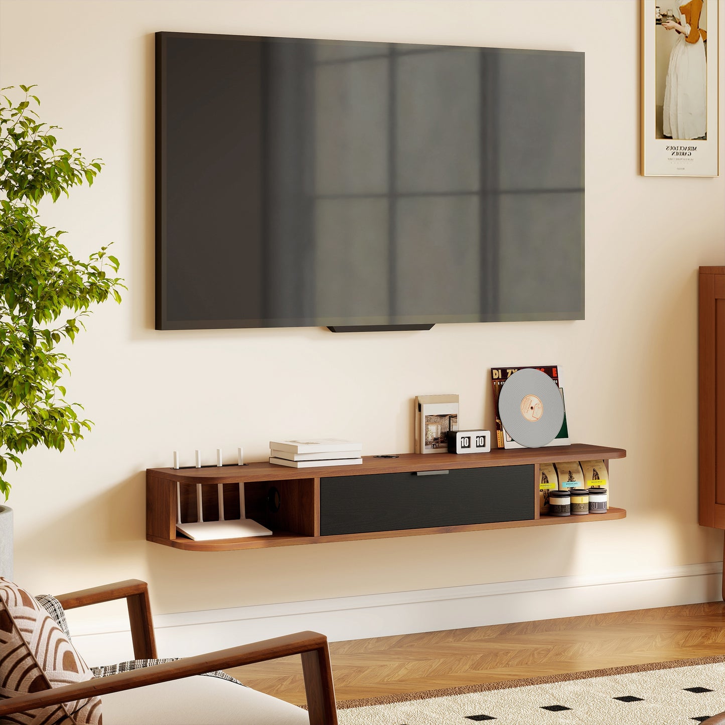HOMCOM 47-inch Floating TV Stand, Wall Mounted Media Console, Walnut Finish