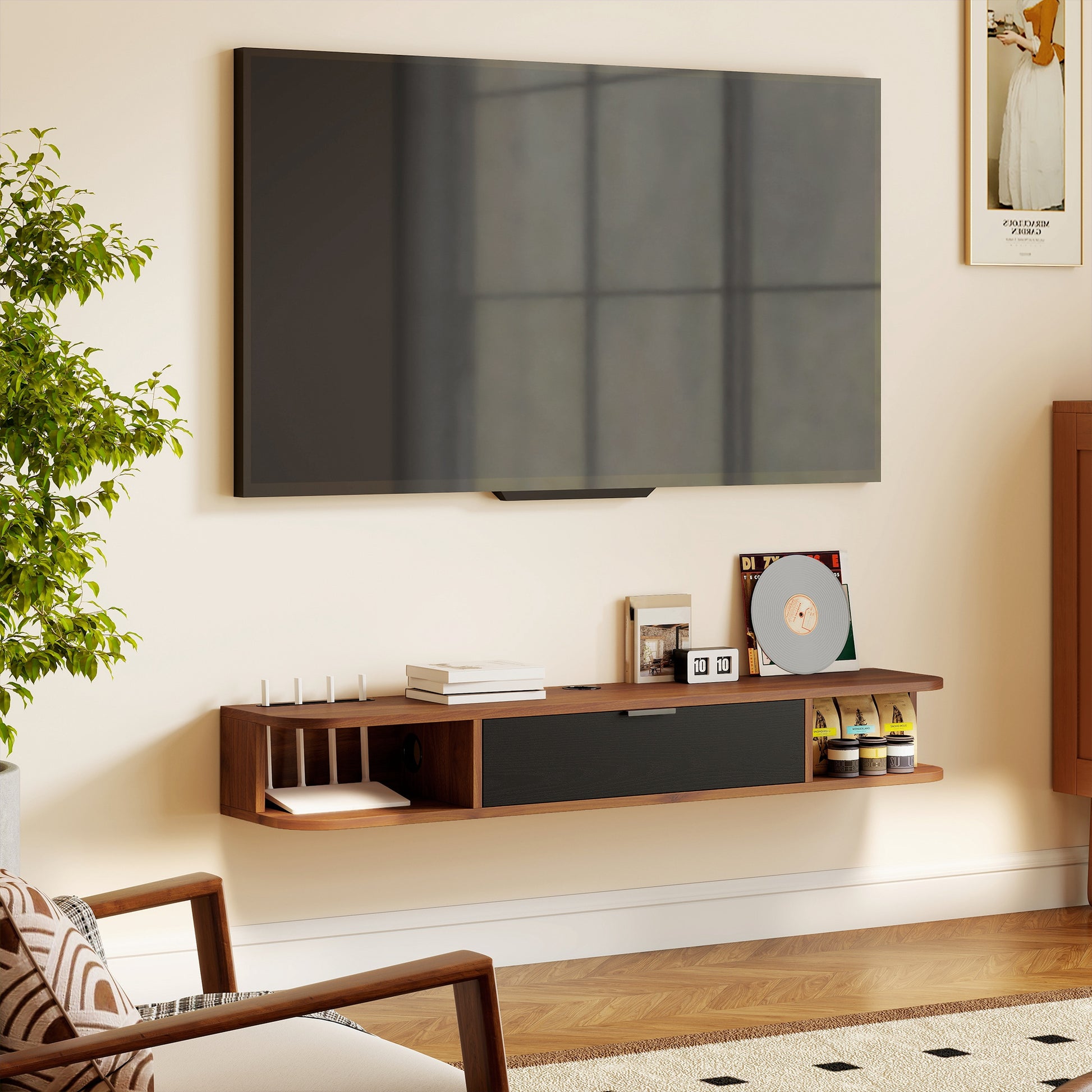 HOMCOM 47-inch Floating TV Stand, Wall Mounted Media Console, Walnut Finish