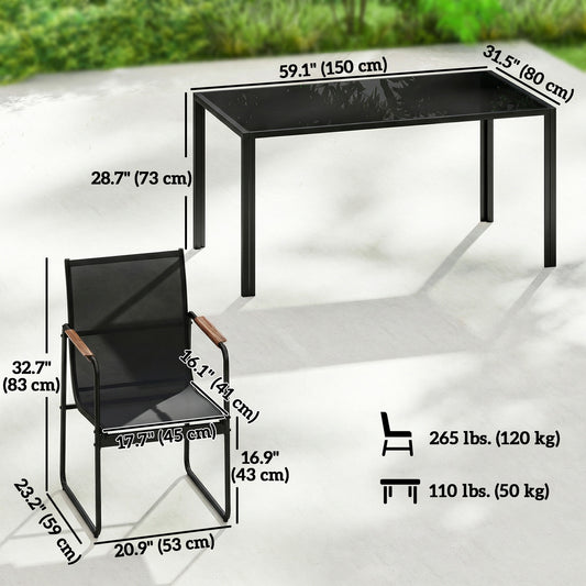 7 Pieces Outdoor Dining Set for 6, Glass Patio Table and Chairs with Decorative Armrests, All Weather Mesh