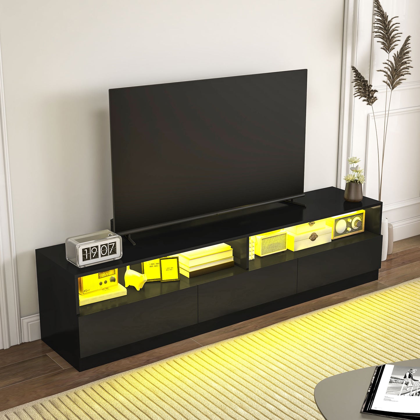 HOMCOM Modern LED Lighted TV Stand for 75 Inch TVs, High Gloss Black
