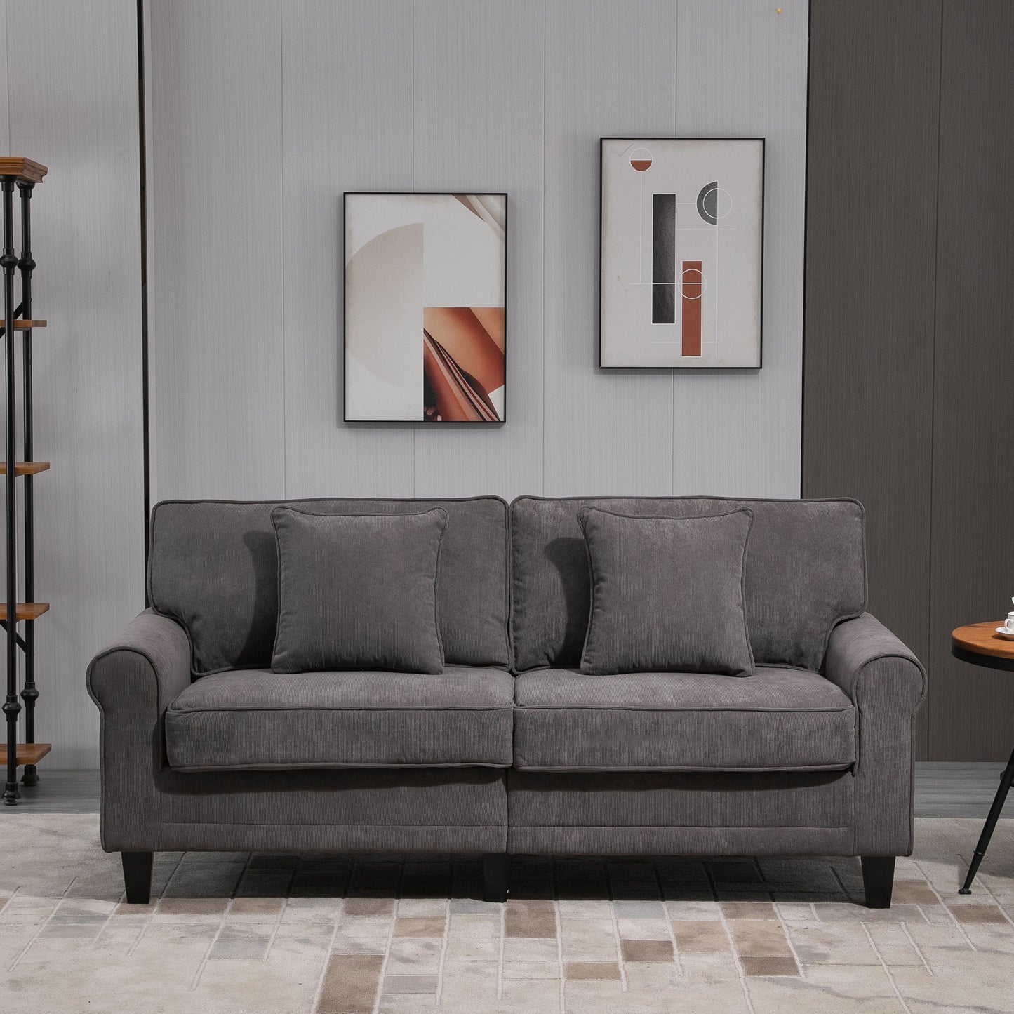 Modern 3-Seater Corduroy Sofa: Pine Wood Legs, Rolled Armrests, Light Grey