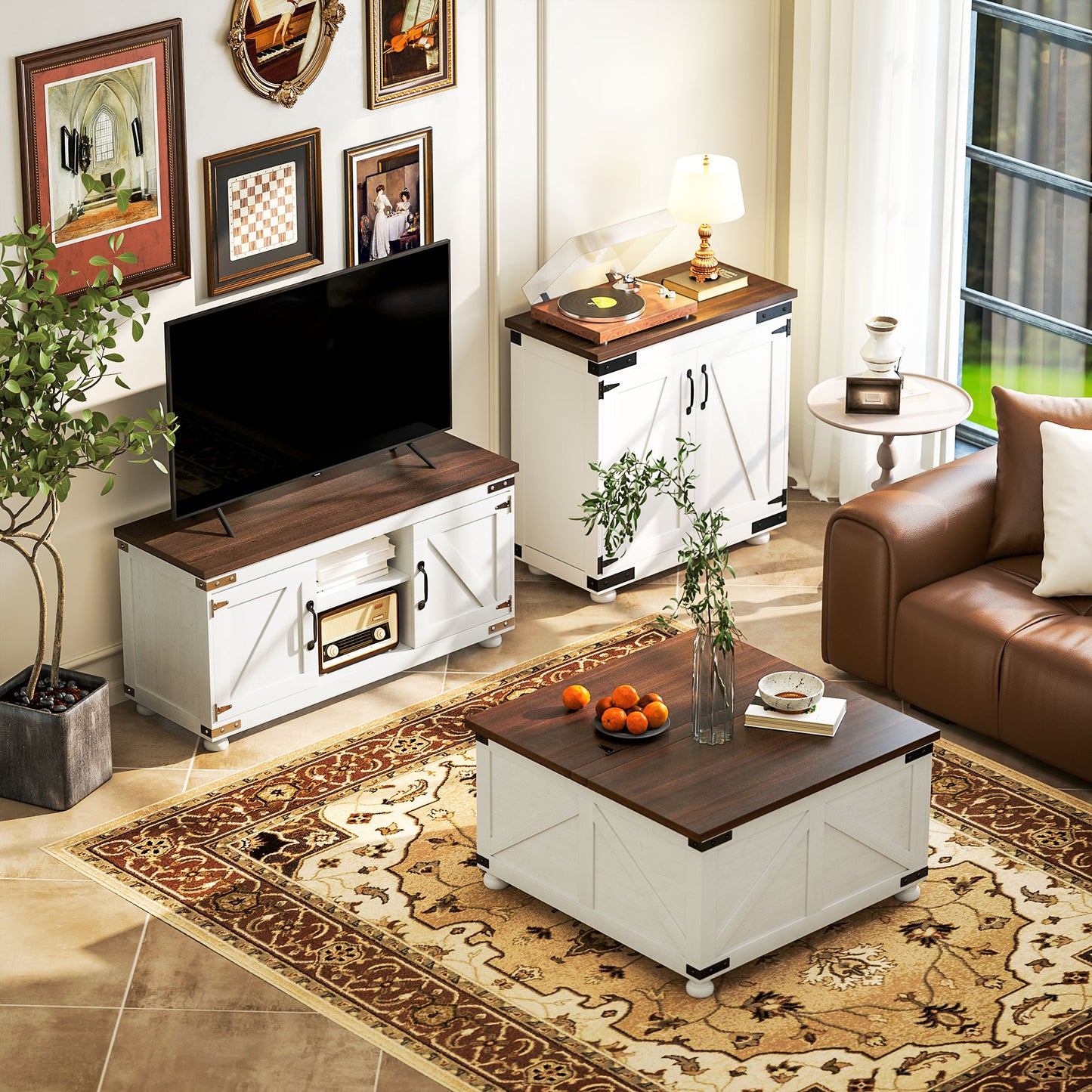 Modern Farmhouse 50-inch TV Stand with Barn Doors, Cable Management, Distressed White