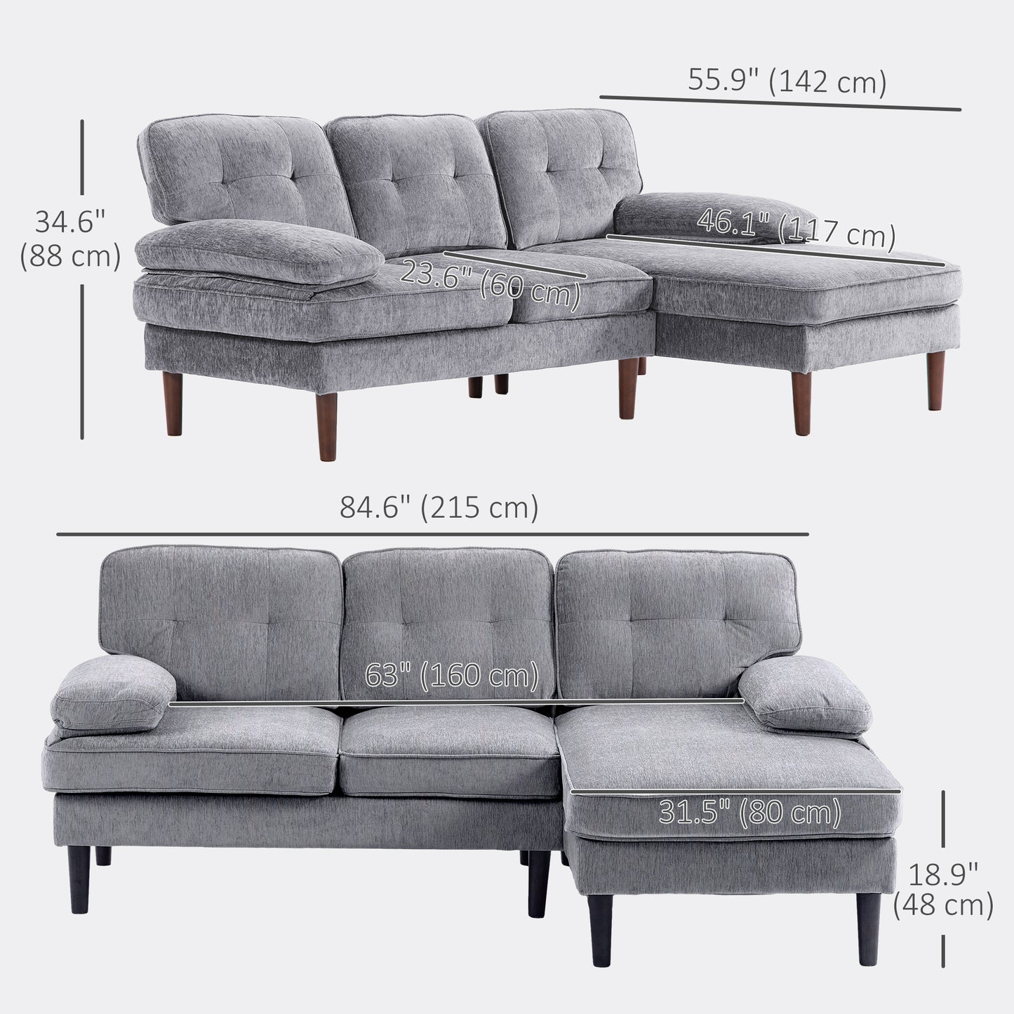 HOMCOM Modern Grey Tufted L-Shape Corner Sofa with Right Chaise Lounge