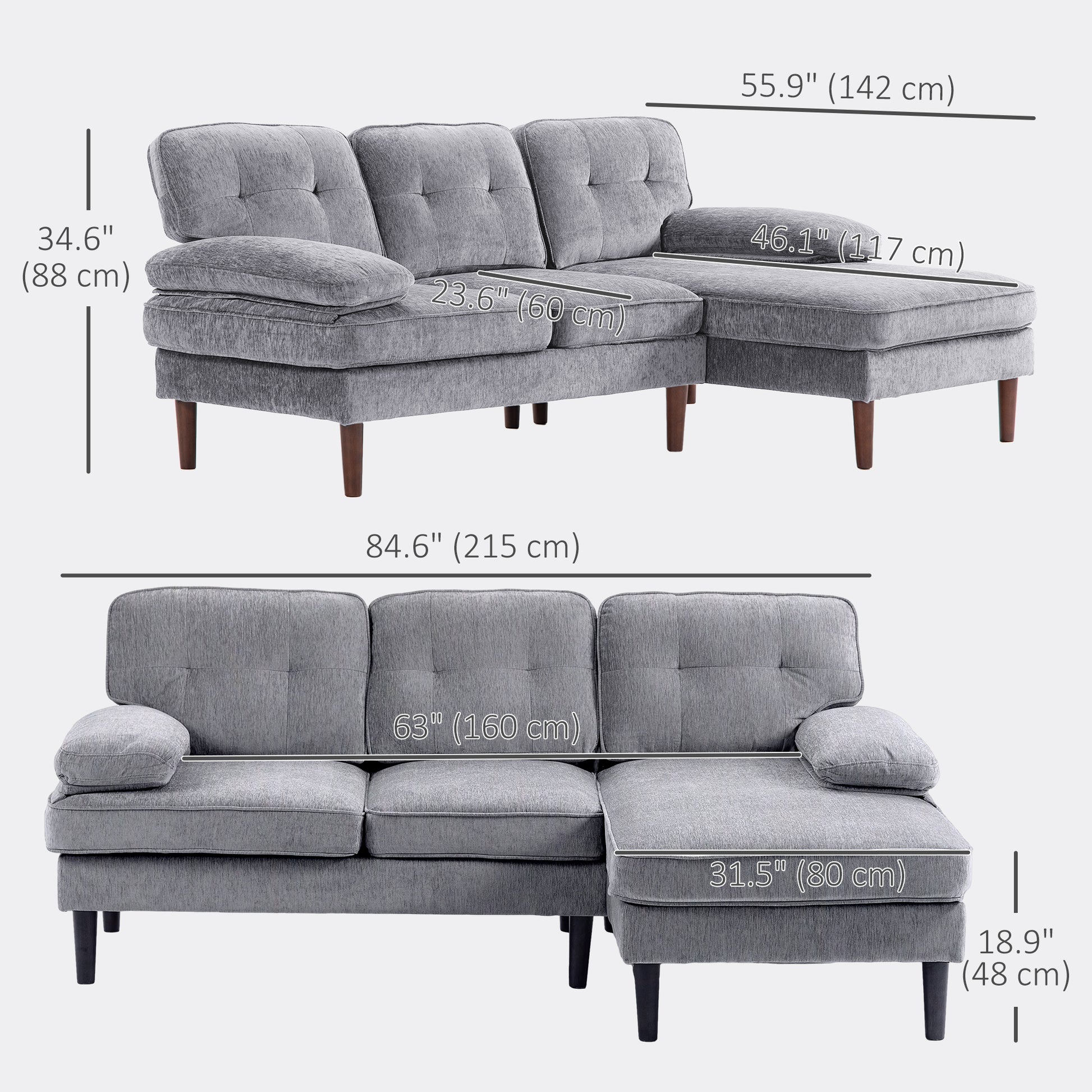HOMCOM Modern Grey Tufted L-Shape Corner Sofa with Right Chaise Lounge