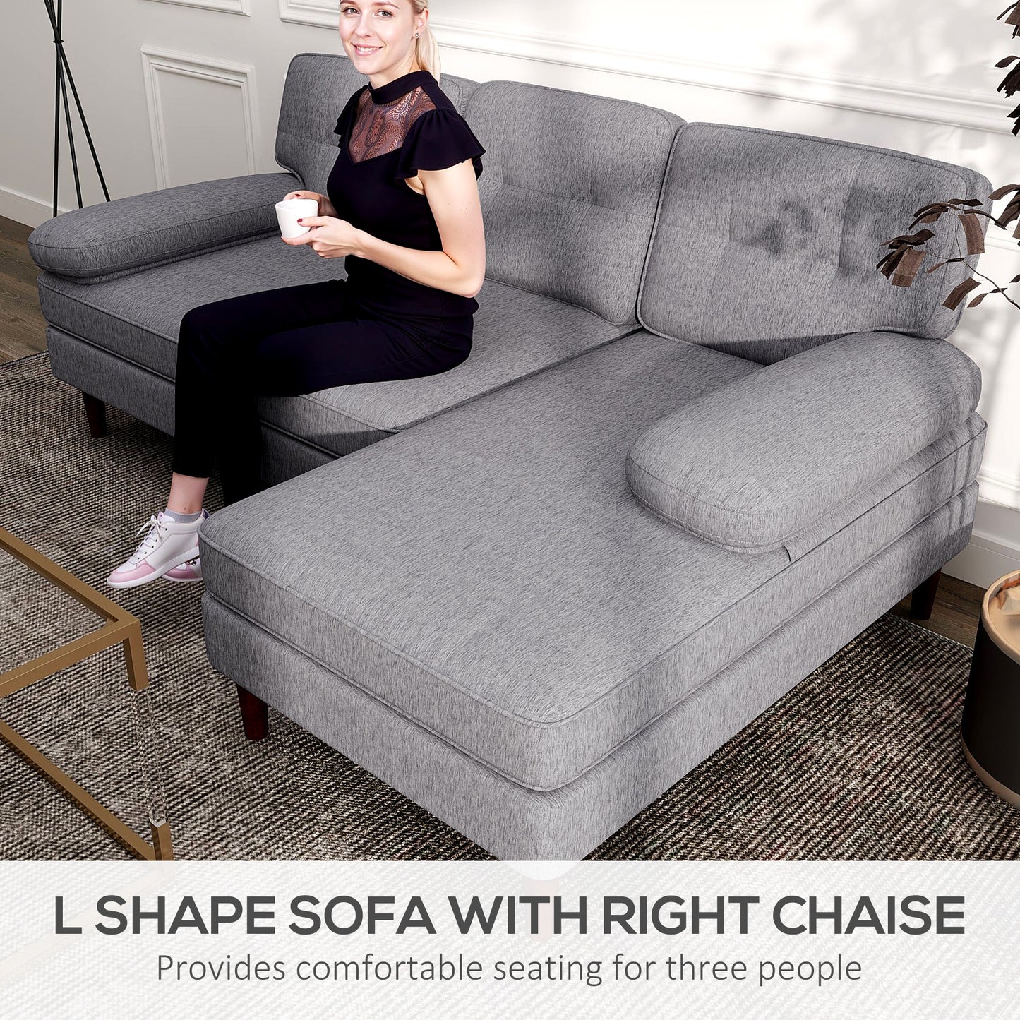 HOMCOM Modern Grey Tufted L-Shape Corner Sofa with Right Chaise Lounge