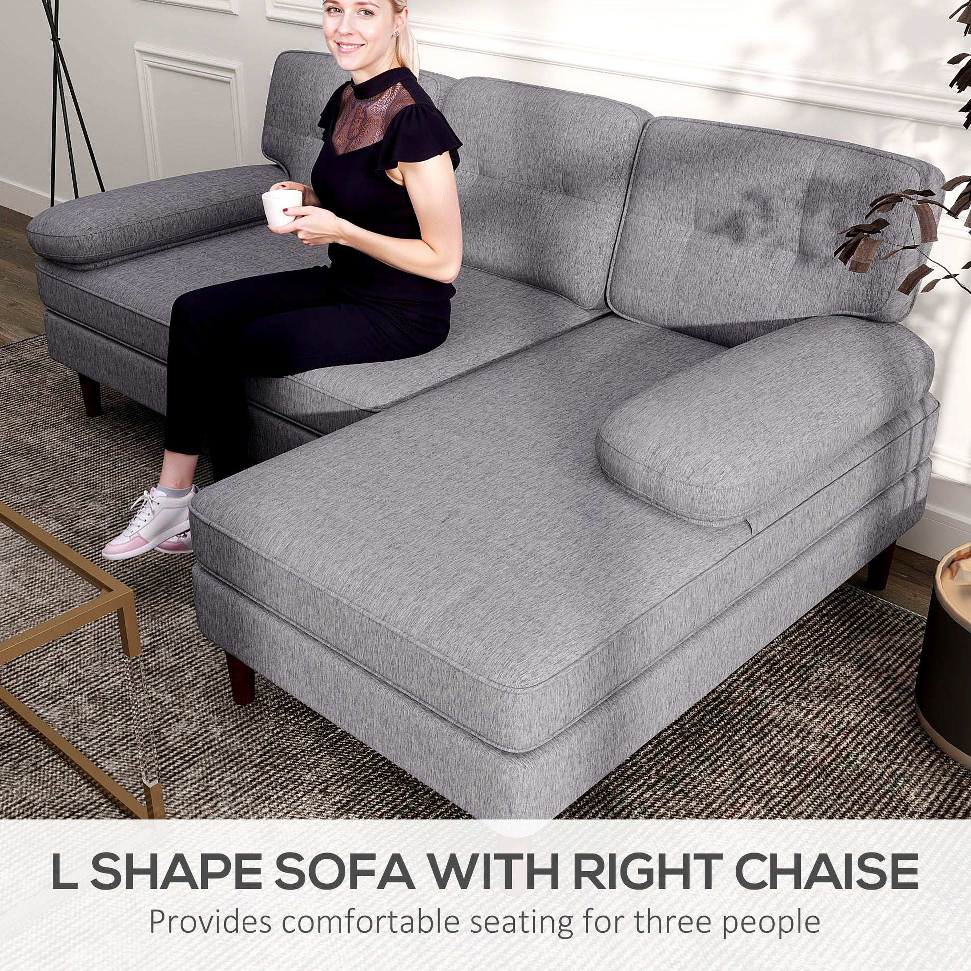 HOMCOM Modern Grey Tufted L-Shape Corner Sofa with Right Chaise Lounge