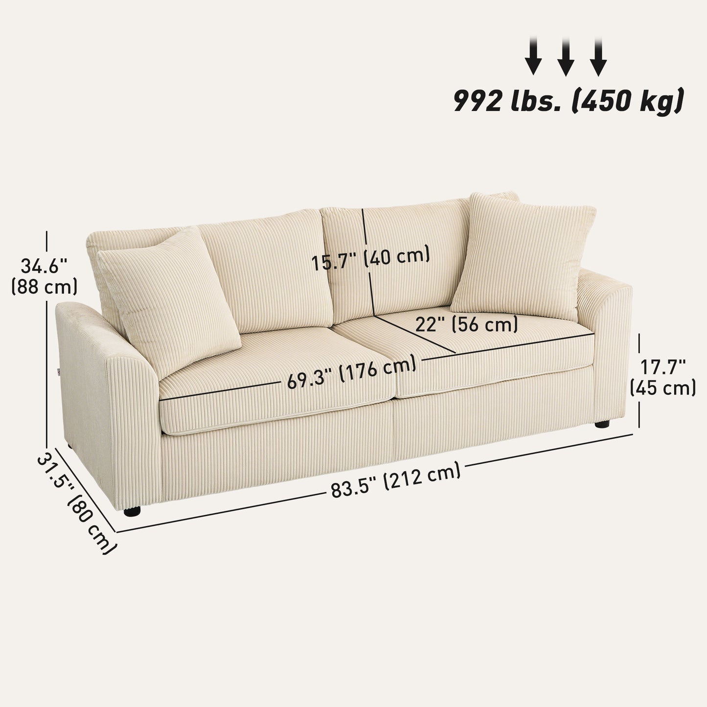 HOMCOM Modern Cream White 3-Seater Sofa with Pocket Springs & Scatter Cushions