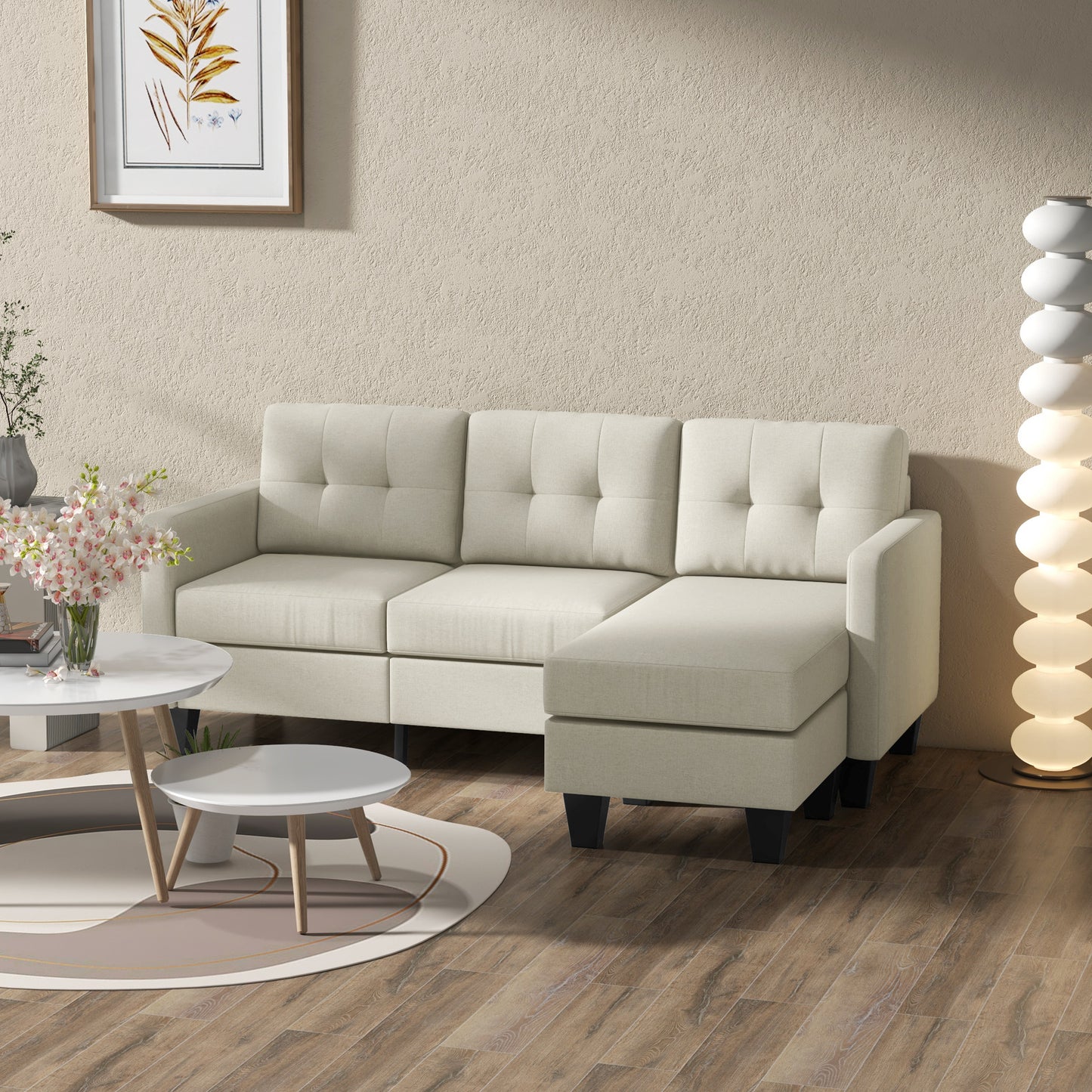 HOMCOM L-Shaped 3-Seater Sectional Sofa with Ottoman, Beige, Sturdy Wood Legs