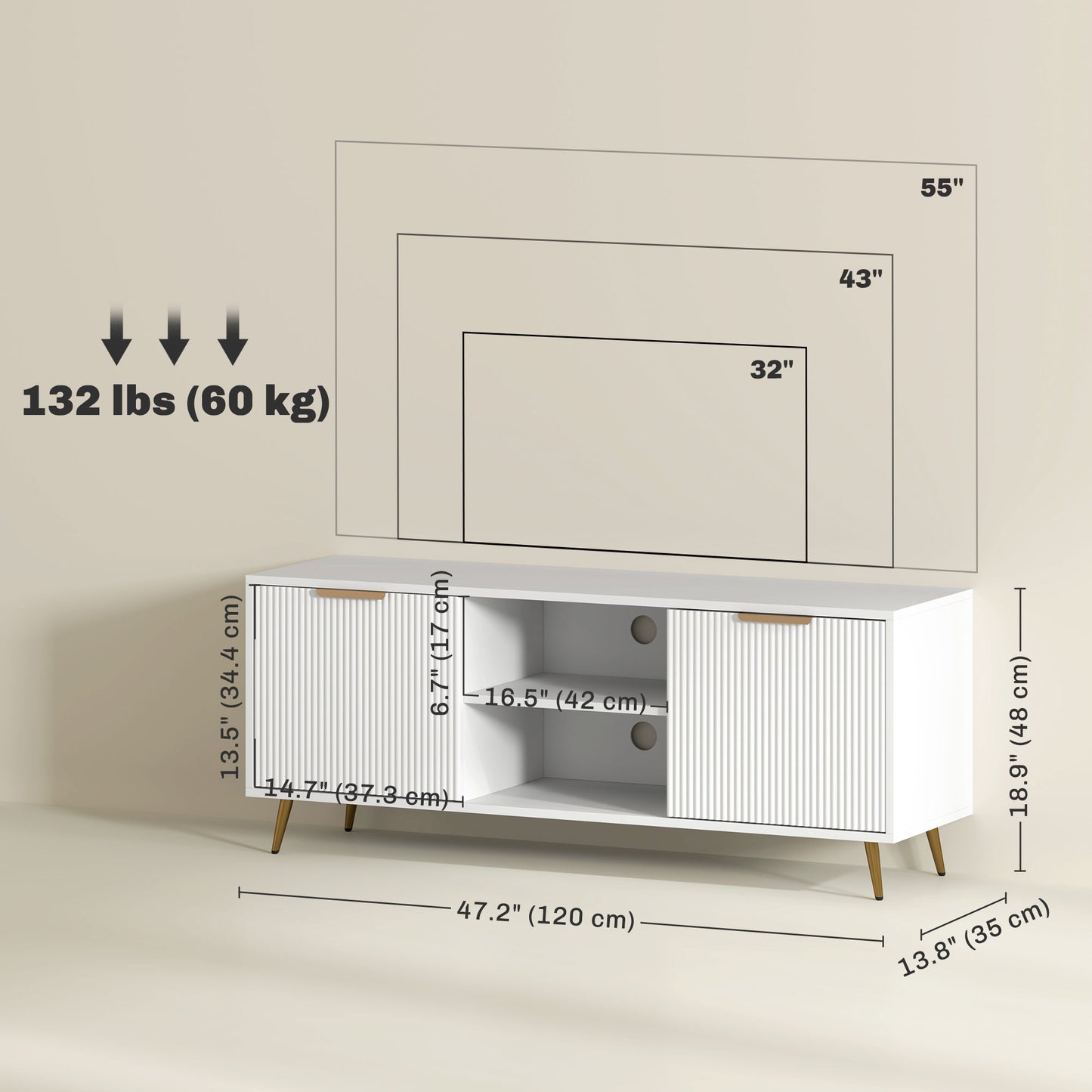 Modern White TV Stand for 55-inch TVs with Storage Cabinets & Open Shelves