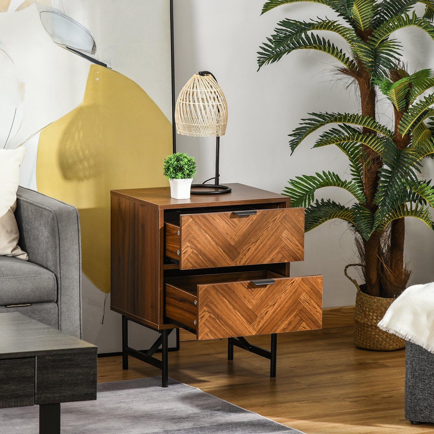 Bedside Table Night Stand, End Side Table Dresser Storage with 2 Drawers, Walnut Brown