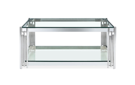 Square Glass Coffee Table with Chrome Frame and Shelf