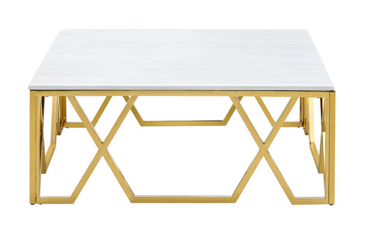 Square Marble Coffee Table with Gold Geometric Base